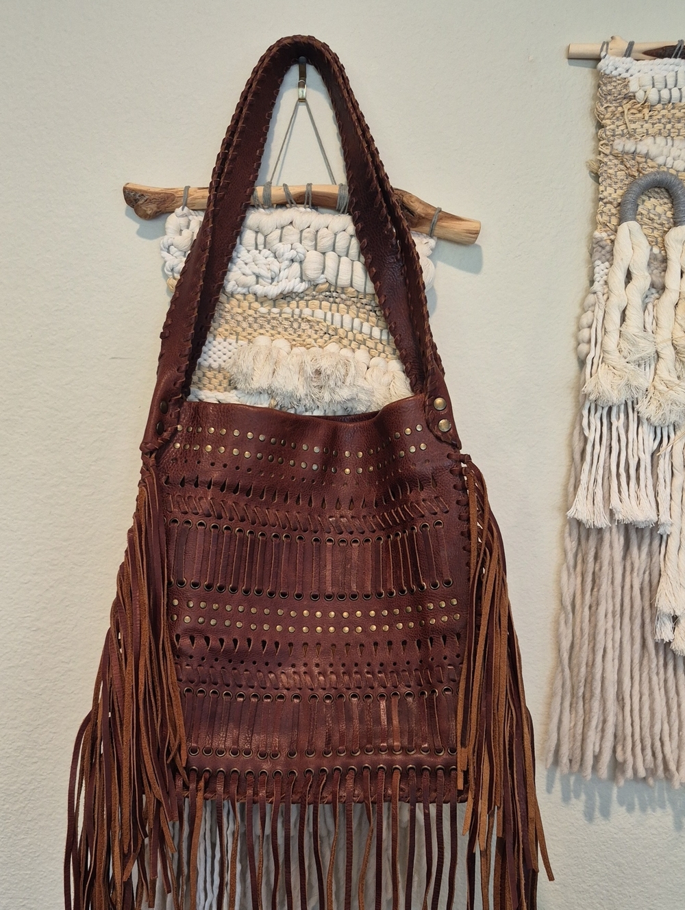 Raj Anthropologie Dark Brown Fringe Studded Whipstitch Leather Shoulder Bag